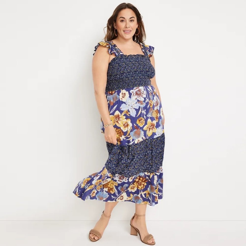 New Maurices Blue Floral Smocked Midi Dress Size 2X